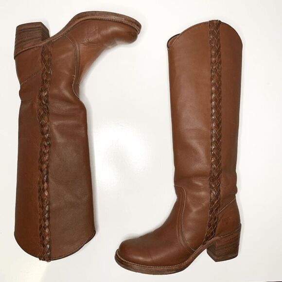 Frye Sabrina Braided Knee High Tall Heeled Leather Boots Size 6 Cognac Brown - Picture 7 of 8